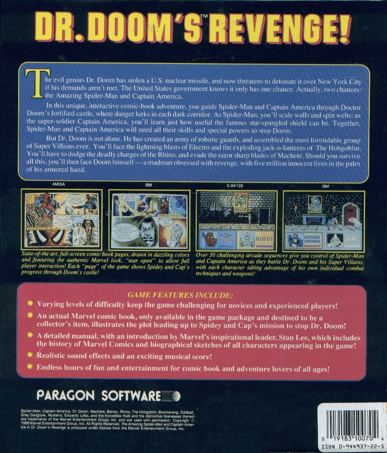 Amazing Spiderman and Captain America in Dr Dooms Revenge box art for Commodore 64